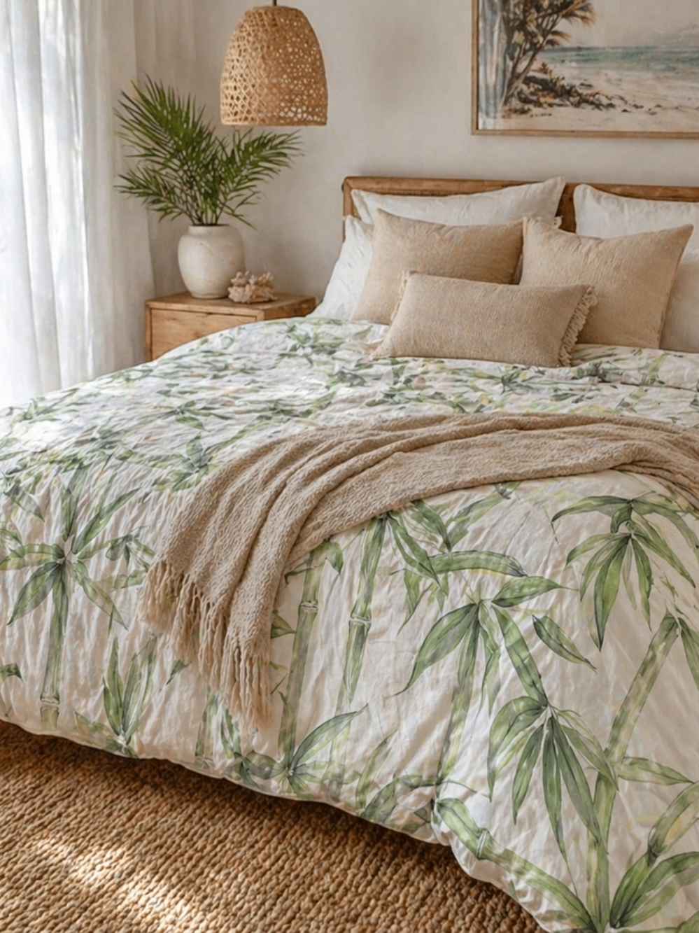 Pottery Barn White Green Bamboo Botanical Duvet Cover Full Queen Organic Cotton